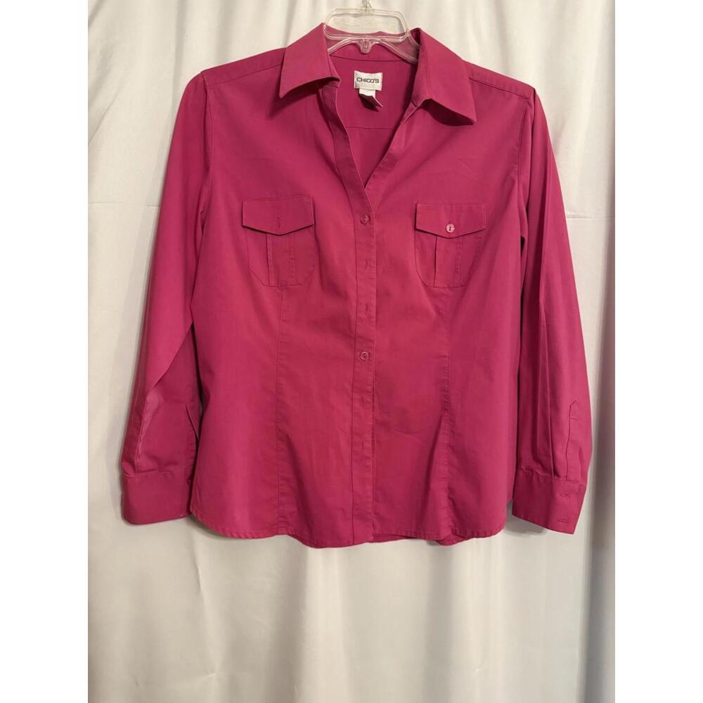 Chico's Size‎ 2 L/S Dark Pink V neck Button Up with 2 Front button pockets